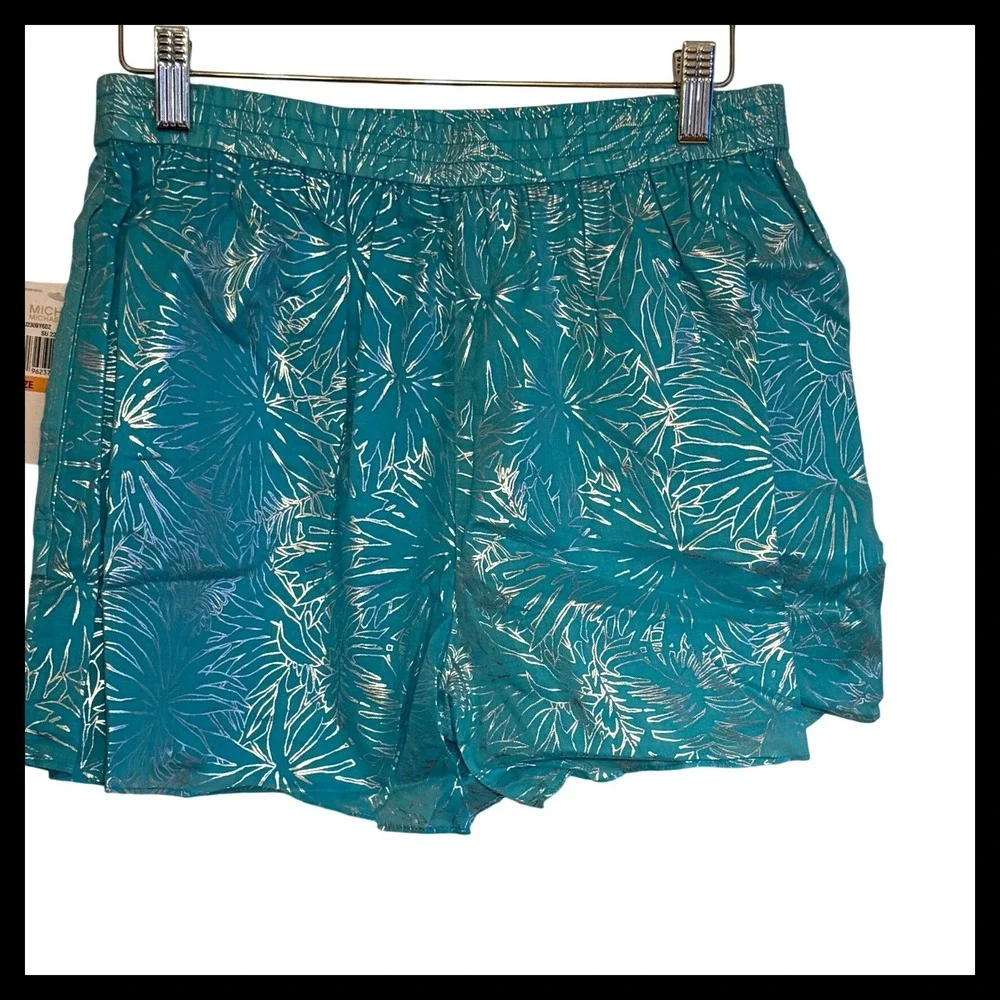 Michael Kors Turquoise Tropical Leaf Print Metallic Shorts Size S MSRP 84‎
